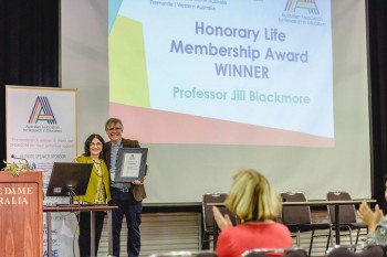 AARE President Martin Mills presenting an Honorary Life Membership to Professor Jill Blackmore